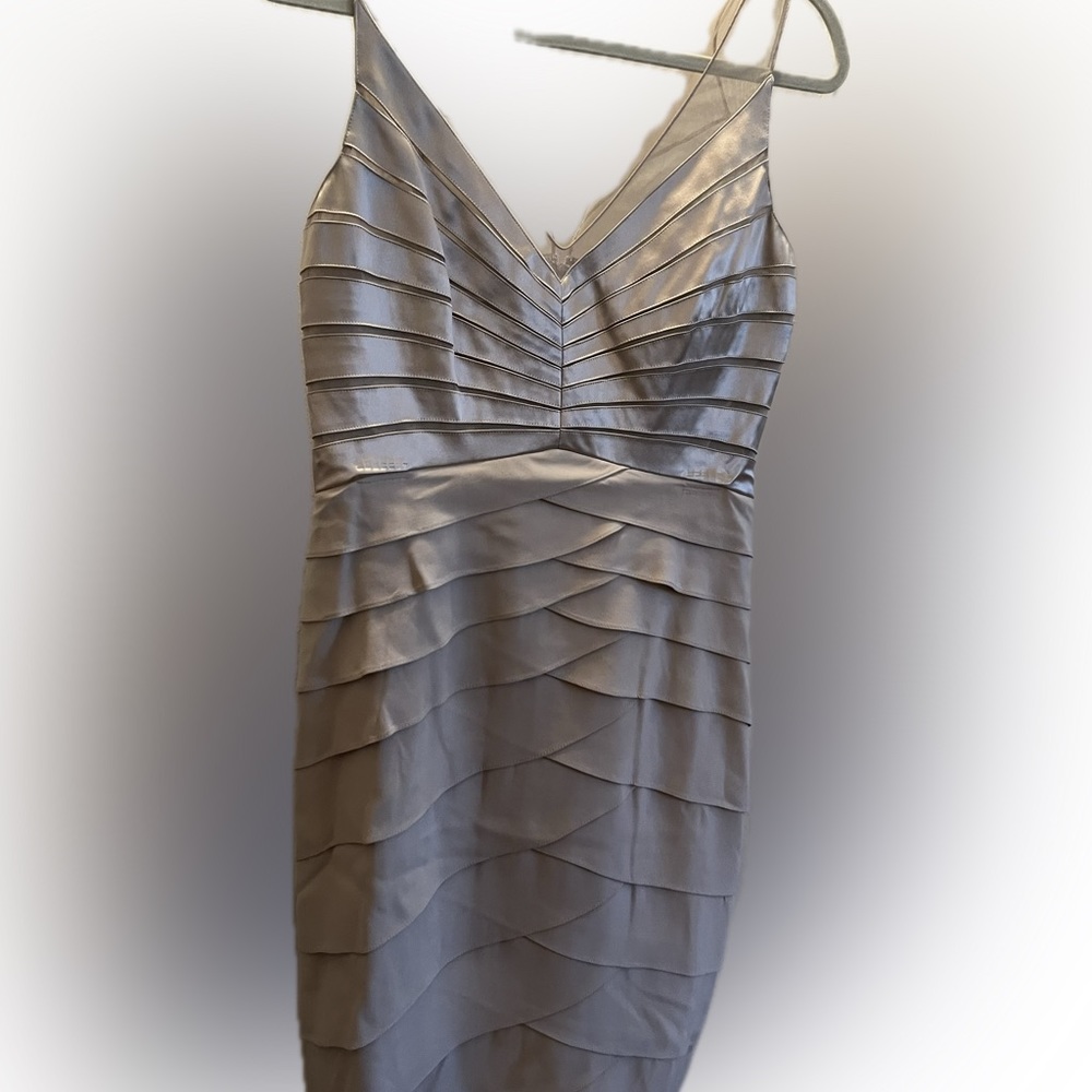 Chetta B champagne gold silk scalloped dress.
